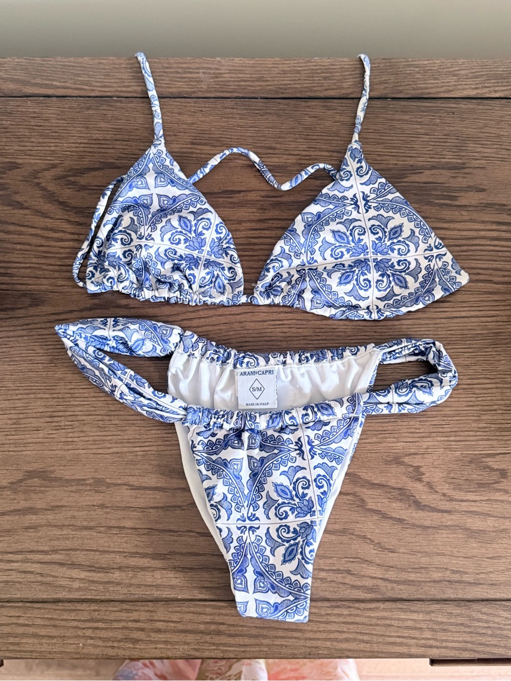 Blue & White Tile Print Triangle Bikini